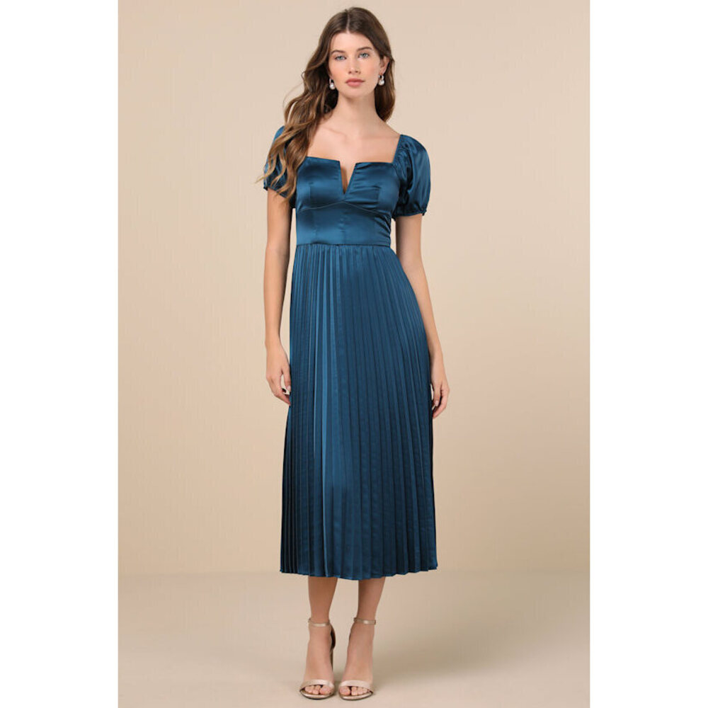 Lulus Flawless Forever Teal Satin Pleated Midi Dress Blue - Size L BNWT